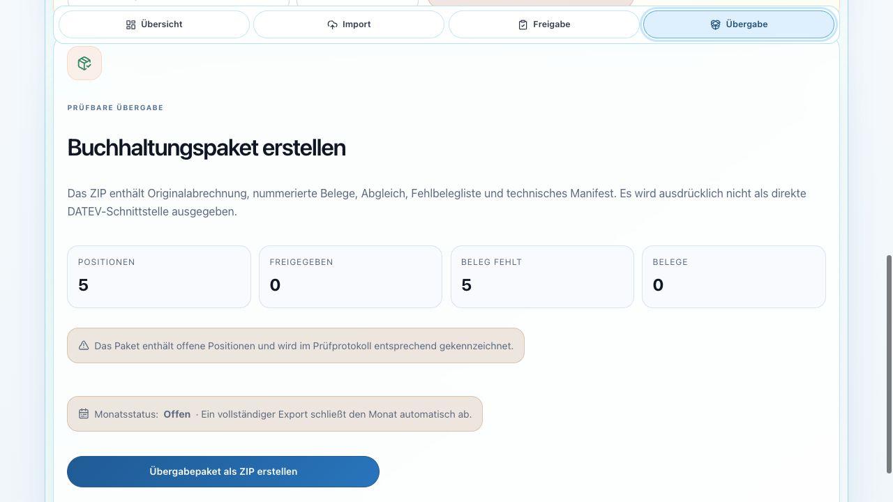 CardCaptain Übergabeansicht für das prüfbare Buchhaltungspaket