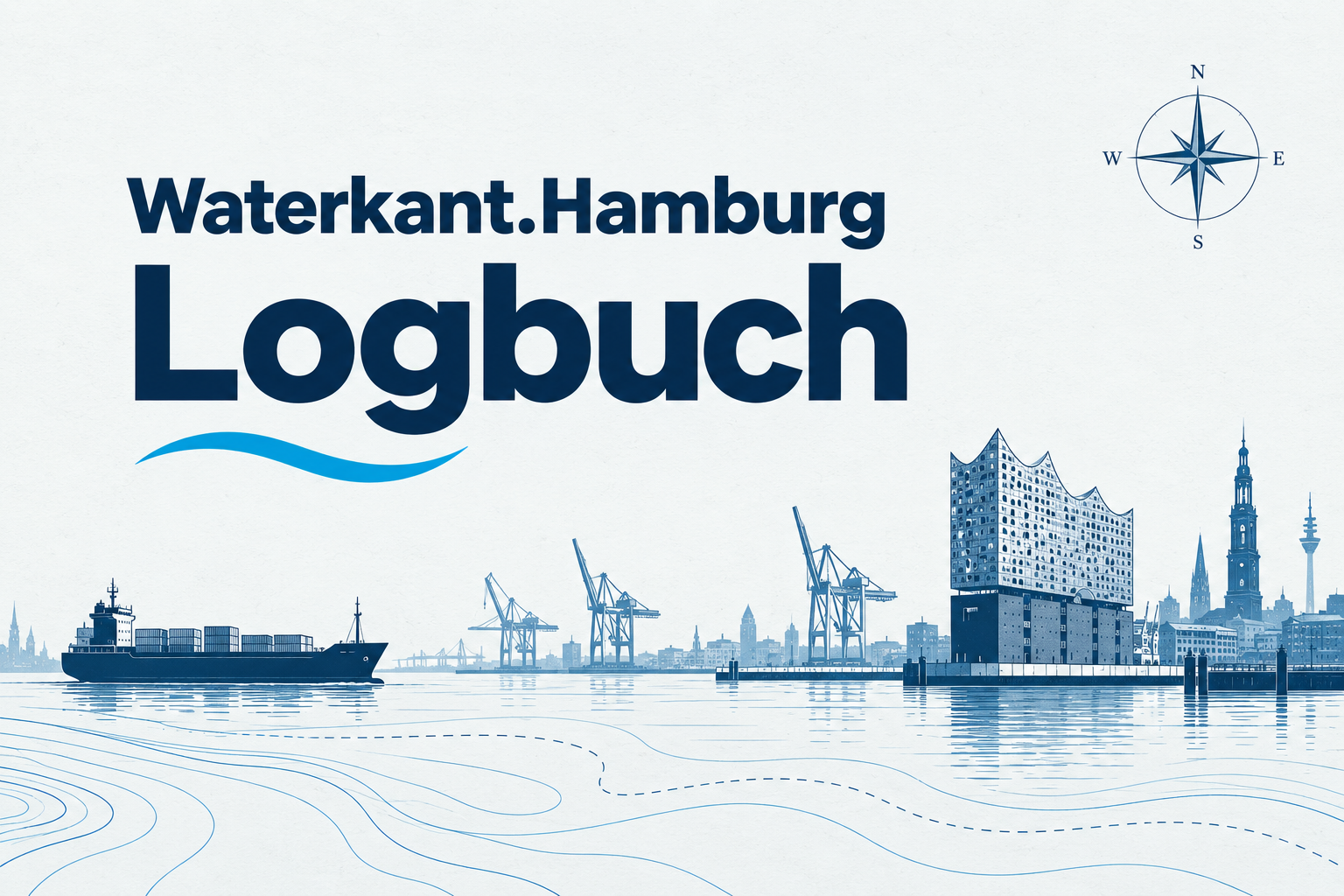 Waterkant.Hamburg Logbuch mit Hamburger Hafen, Kompass und Wasserlinien