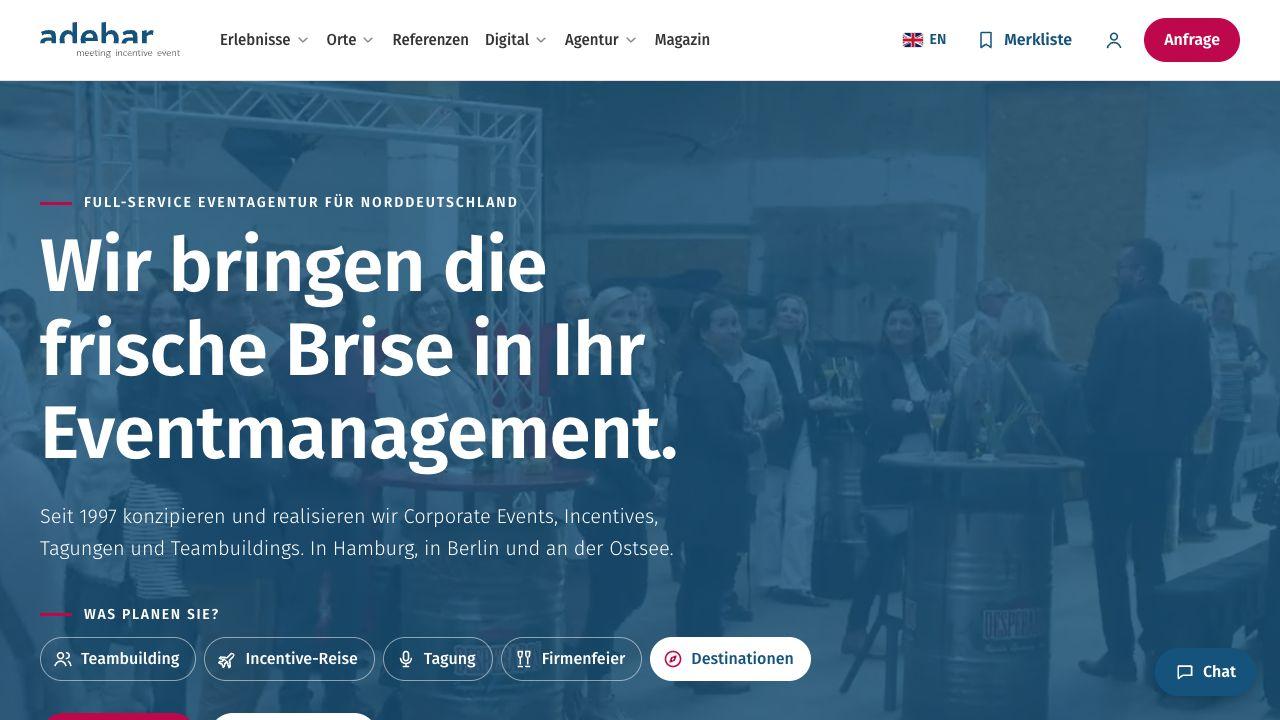 Startseite von adebar mit Eventangeboten für Hamburg, Berlin und die Ostsee