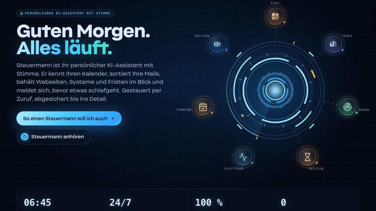 Schaufenster von Steuermann mit leuchtendem Orb, den angebundenen Modulen und der Überschrift Guten Morgen. Alles läuft.
