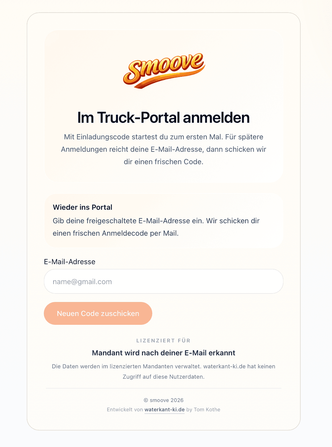 Anmeldeseite der Anwendung smoove für die Organisation des Schlagermove