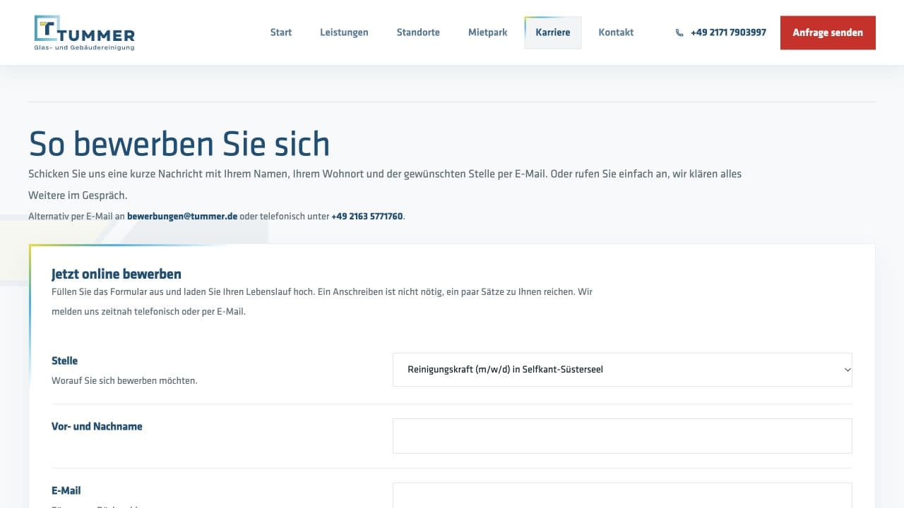 Die Bewerbung bleibt auf tummer.de. Stellenwahl und persönliche Angaben führen direkt in den eigenen Bewerbungsablauf. Screenshot vom 26. September 2026.