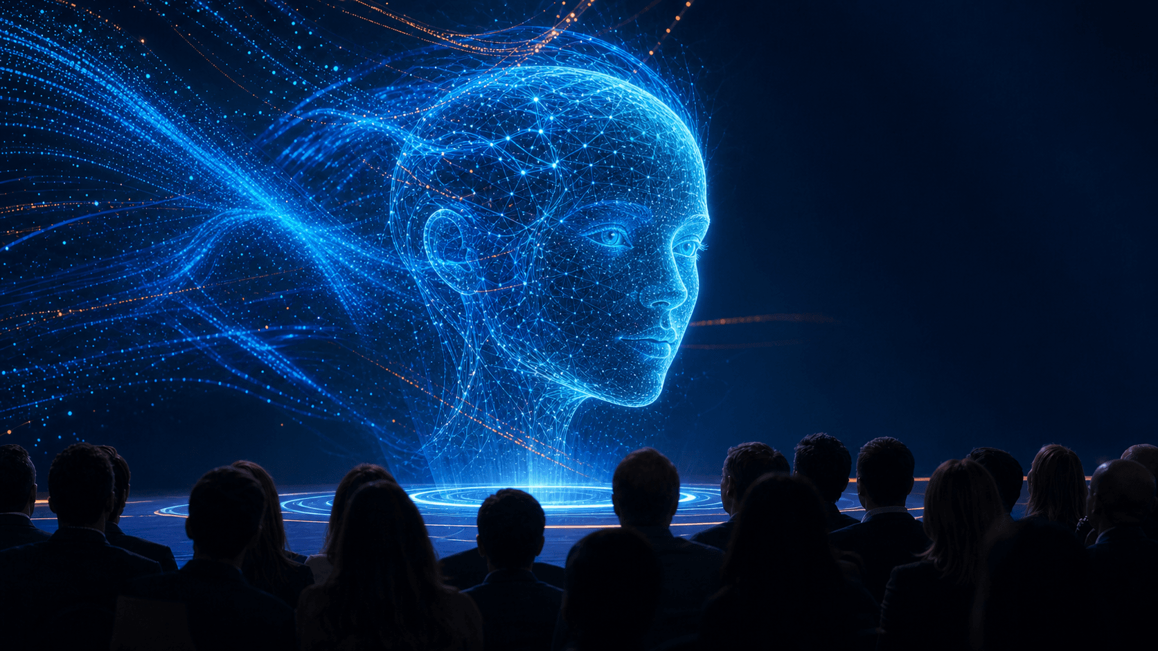 KI-generierte Visualisierung eines künstlichen Hologramm-Kopfes als Co-Player auf der Bühne