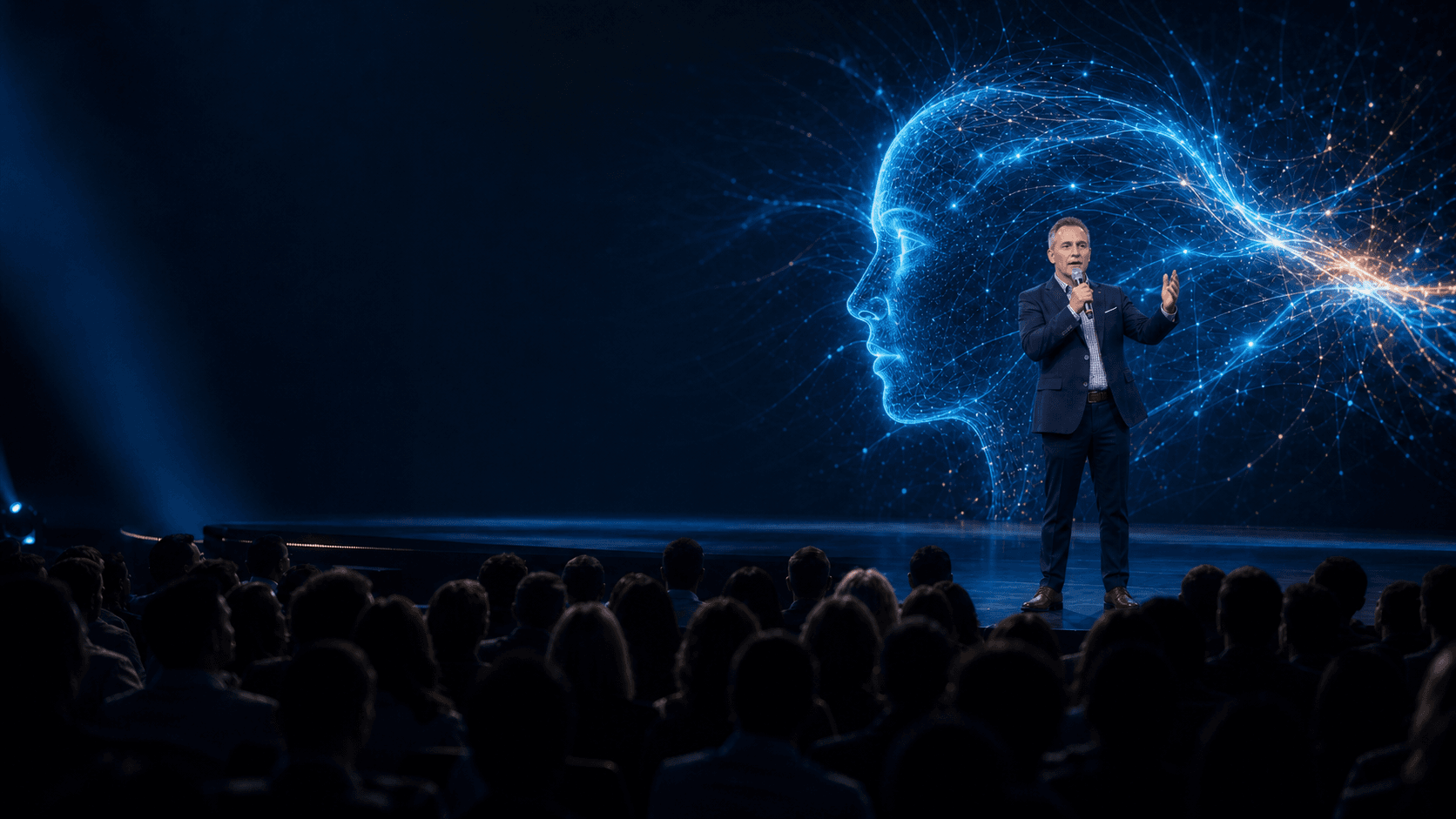 KI-generierte Visualisierung von Tom Kothe mit Mikrofon vor einem leuchtenden KI-Hologramm