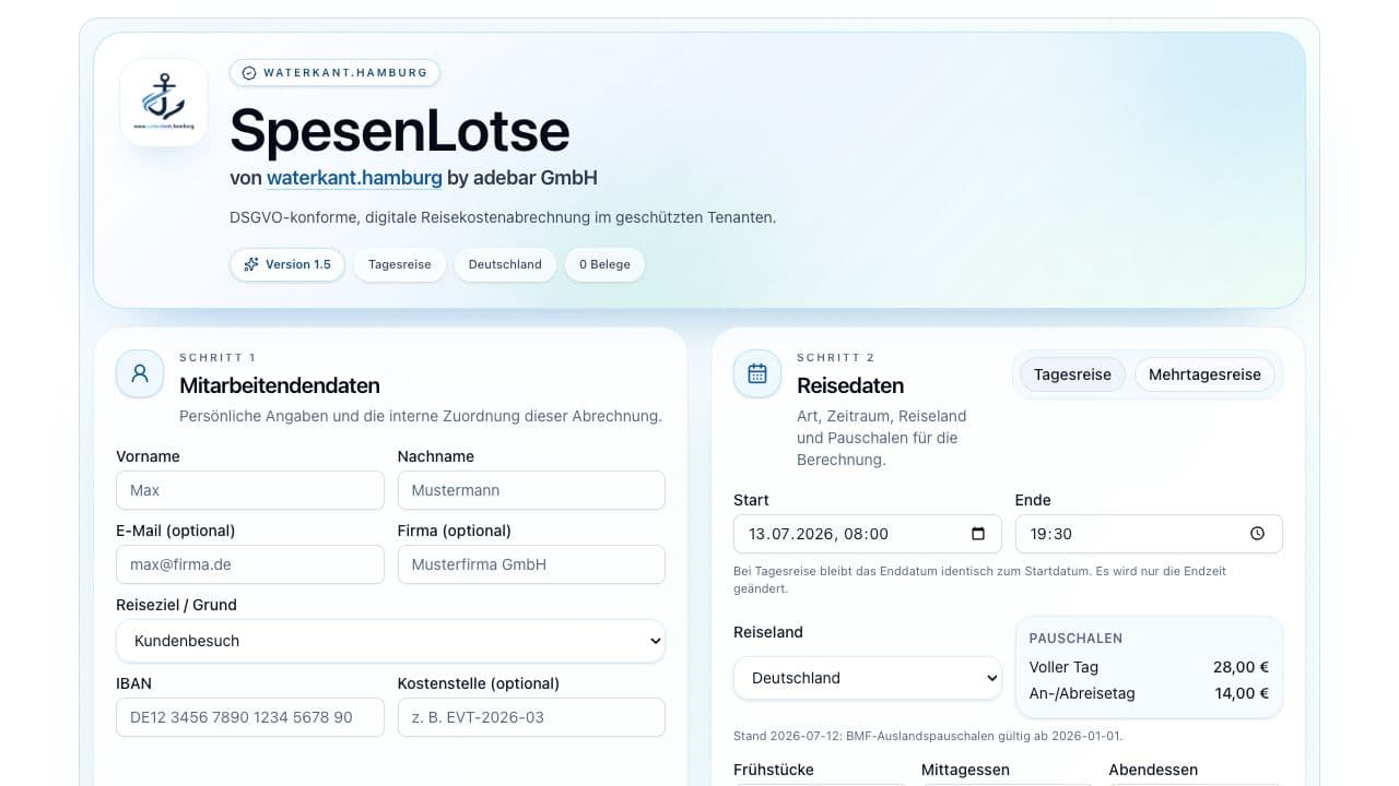 Dashboard des SpesenLotsen für digitale Reisekostenabrechnungen