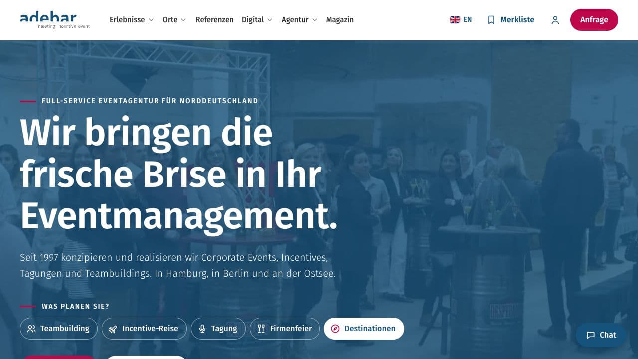 Startseite von adebar mit Eventangeboten für Hamburg, Berlin und die Ostsee