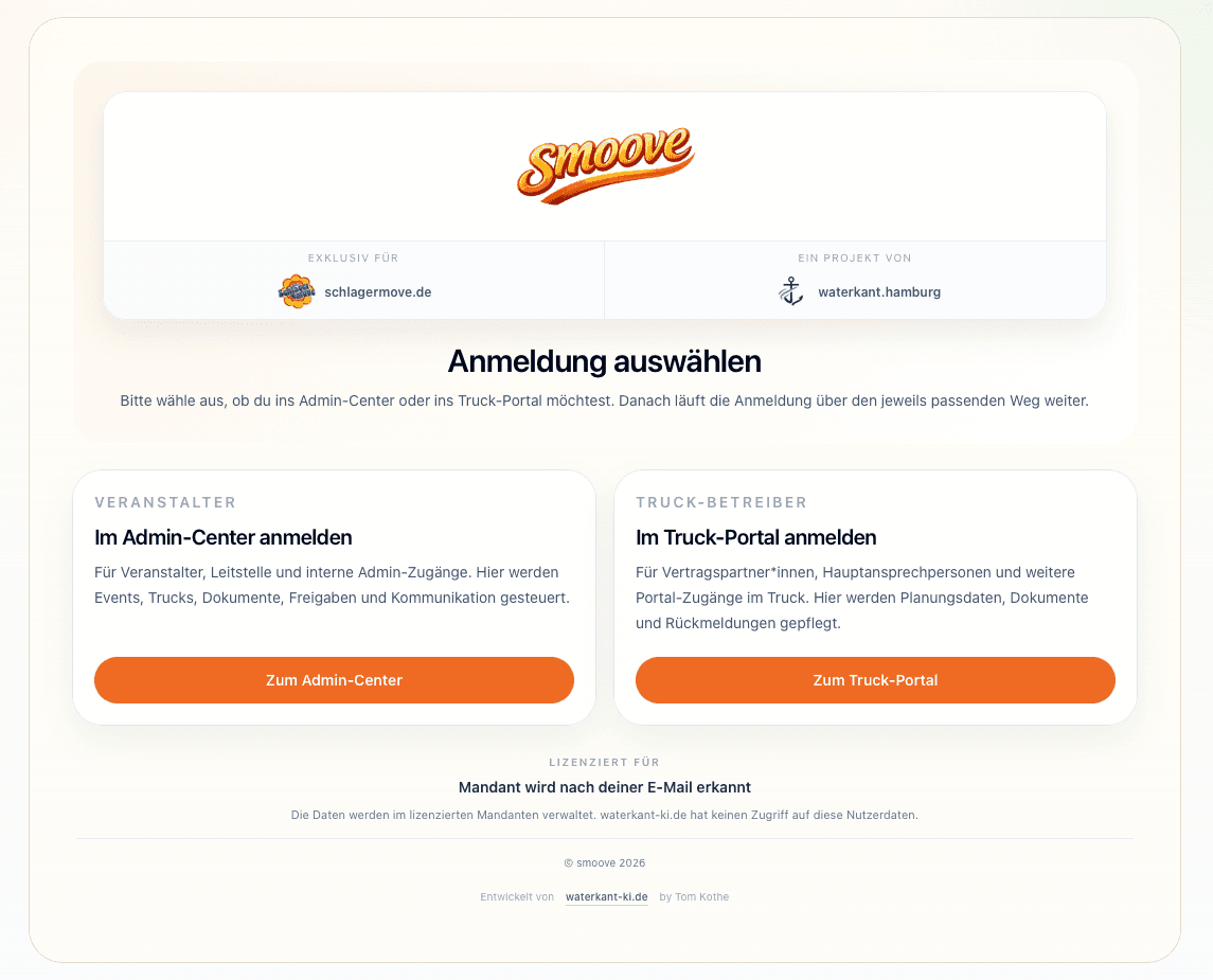 smoove-Anmeldeseite mit Auswahl zwischen Admin-Center und Truck-Portal
