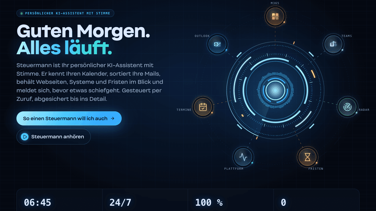 Schaufenster von Steuermann mit leuchtendem Orb, den angebundenen Modulen und der Überschrift Guten Morgen. Alles läuft.