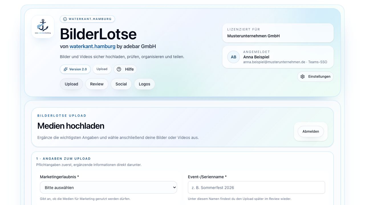 BilderLotse mit zentralen Bereichen für Upload, Review, Social Media und Logos