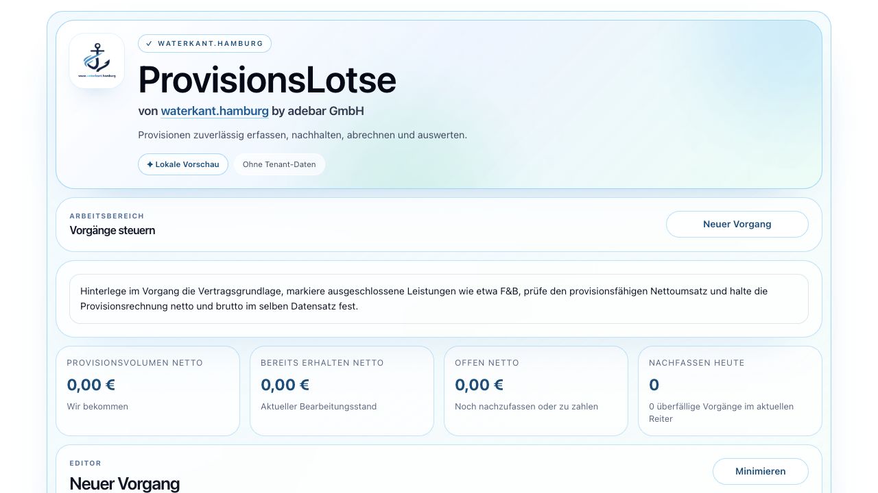 ProvisionsLotse mit Cockpit für Vorgänge, Beträge, Fristen und Zuständigkeiten